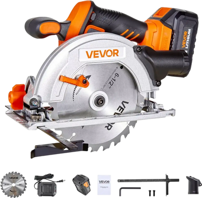VEVOR Cordless Circular Saw, 6-1/2 inch Blade, 4700 RPM Speed, 0-45 Degree Bevel Capability, Brushless Motor, LED Light, Electric Circular Saw Kit with Battery and Charger Included, for Wood Cutting
