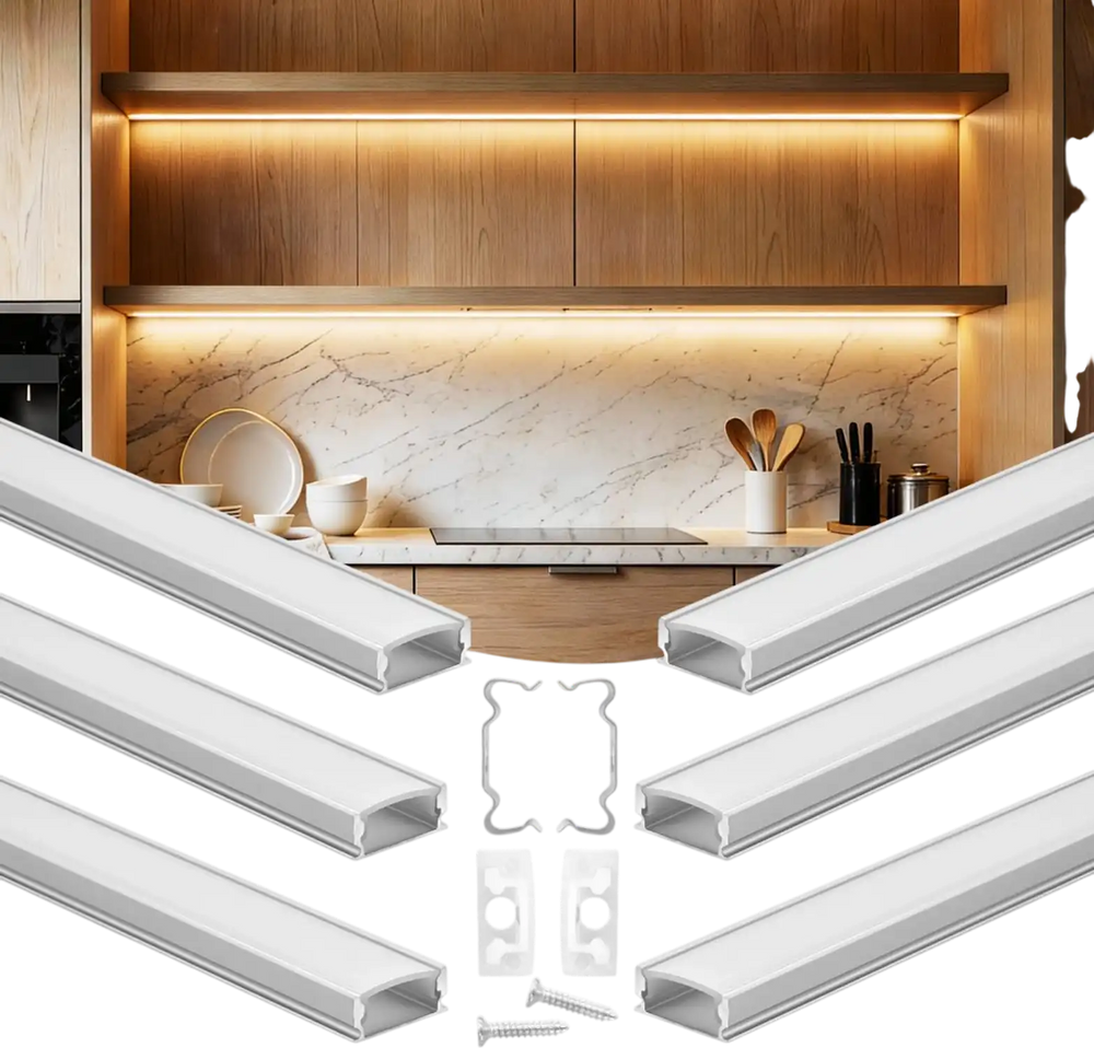 VEVOR 6-Pack 3.3 ft/1M U Shape LED Aluminum Channel, with Milky Cover, End Caps and Mounting Clips, Aluminum Profile for LED Strip Light Installations, Easy Installation, for Under Cabinet Counter