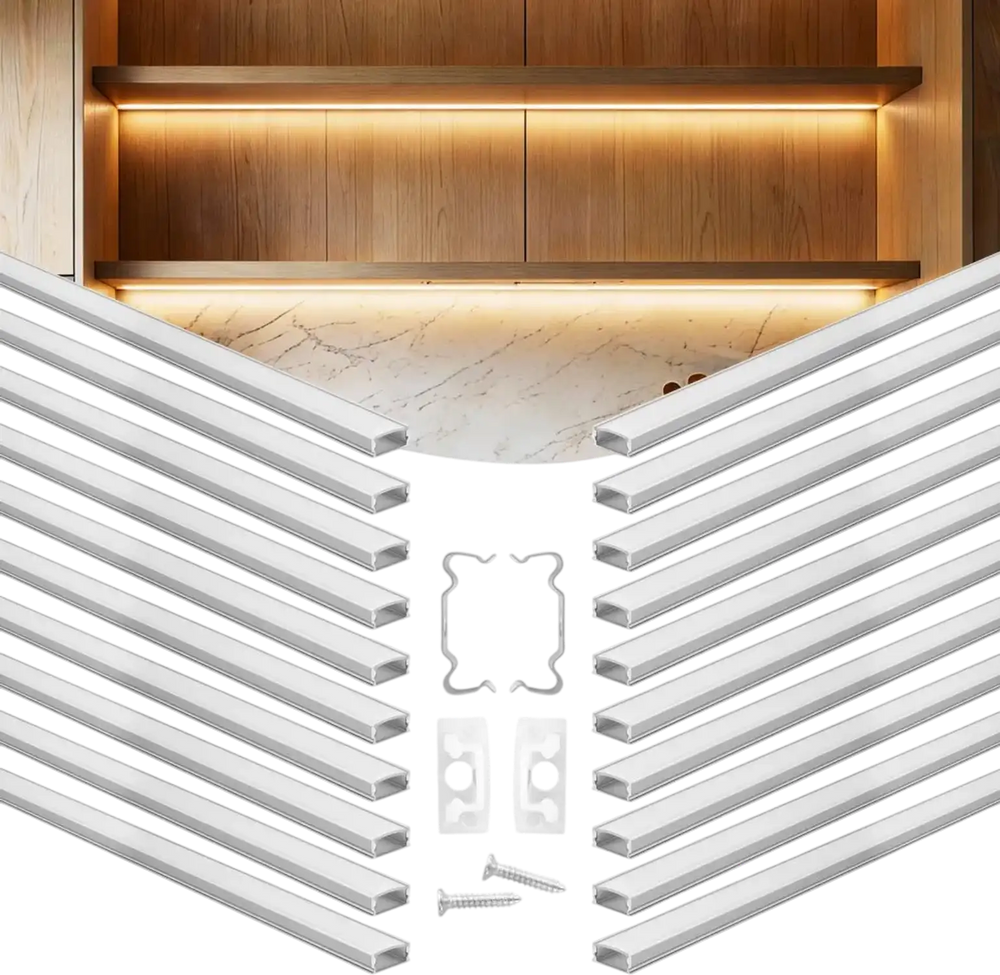VEVOR 20-Pack 6.6 ft/2M U Shape LED Aluminum Channel, with Milky Cover, End Caps and Mounting Clips, Aluminum Profile for LED Strip Light Installations, Easy Installation, for Under Cabinet Counter