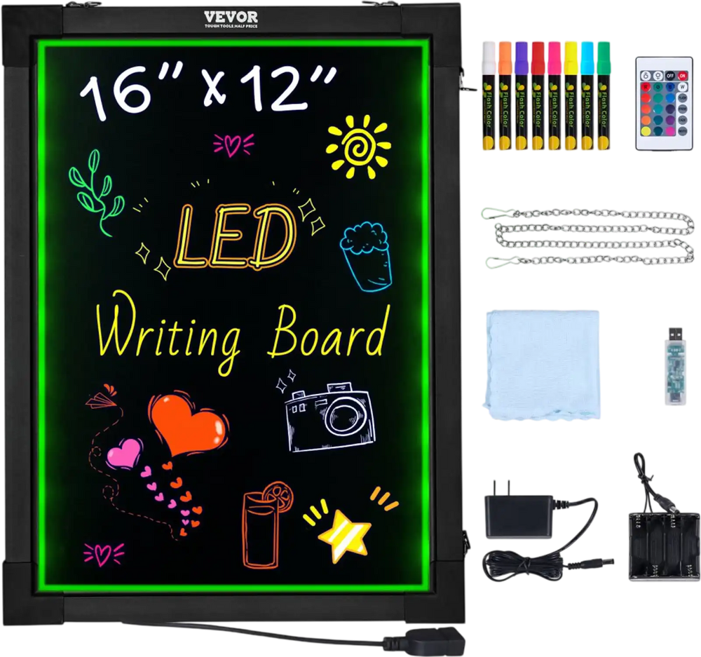 VEVOR LED Message Writing Board, 16"x12" Illuminated Erasable Lighted Chalkboard, Neon Effect Menu Sign Board, Drawing Board with 8 Fluorescent Chalk Markers and Remote Control, for Home Wedding Shop