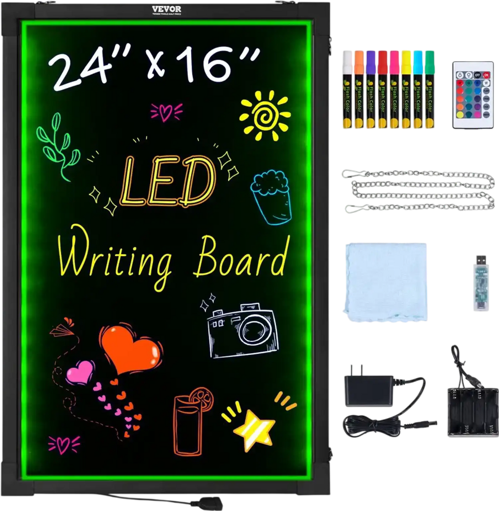 VEVOR LED Message Writing Board, 24"x16" Illuminated Erasable Lighted Chalkboard, Neon Effect Menu Sign Board, Drawing Board with 8 Fluorescent Chalk Markers and Remote Tested to UL Standards