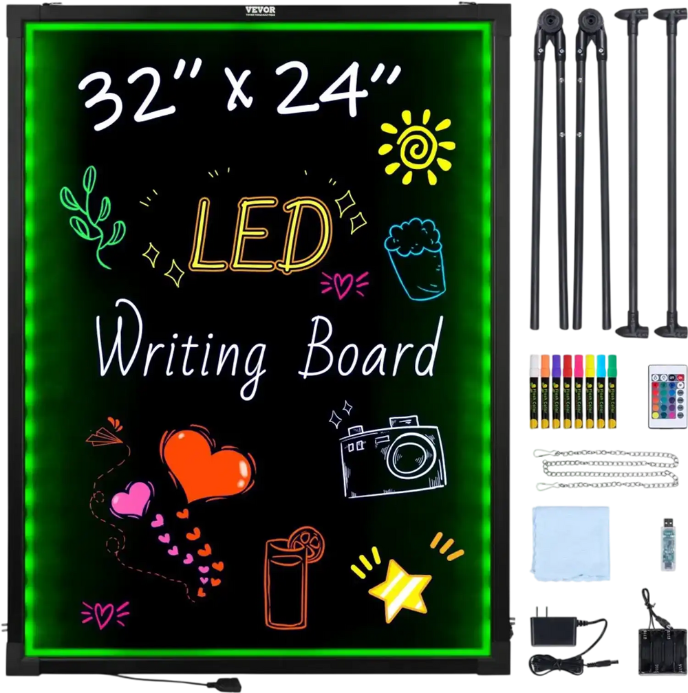 VEVOR LED Message Writing Board, 32"x24" Illuminated Erasable Lighted Chalkboard, Neon Effect Menu Sign Board, Drawing Board with 8 Fluorescent Chalk Markers and Remote Contro Tested toStandards