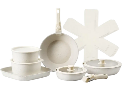 VEVOR 17 Piece Pots and Pans Set Nonstick, Detachable Handle Cookware, Space Saving Induction cookware set, Kitchen RV Cooking Sets, with Frying, Sauce, Saute, Tempered Glass Lids, Oven Safe, White