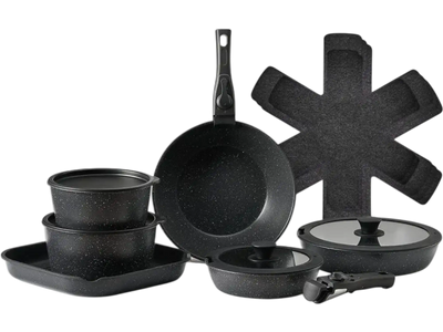 Vevor Cookware Set 17-Piece Granite Nonstick Detachable Handle Kitchen Set Black New