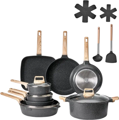 VEVOR 19 Piece Pots and Pans Set, Granite Nonstick Cookware Set, Induction Cookwares, Kitchen RV Cooking Sets with Frying, Sauce, Saute, Tempered Glass Lids, and Pan Protectors, Black