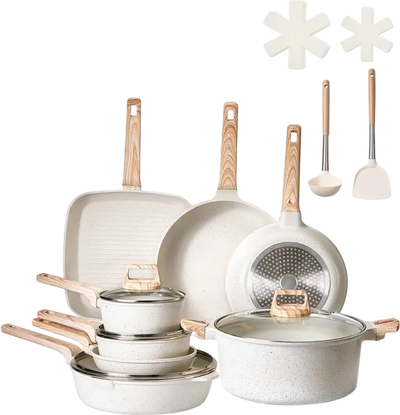 VEVOR 19 Piece Pots and Pans Set Nonstick, Granite Cookware Set, Induction Cookwares, Kitchen RV Cooking Sets with Frying, Sauce, Saute, Tempered Glass Lids, and Pan Protectors, White