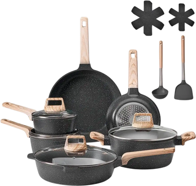 VEVOR 17 Piece Pots and Pans Set Nonstick, Granite Cookware Set, Induction Cookwares, Kitchen RV Cooking Sets with Frying, Sauce, Saute, Tempered Glass Lids, and Pan Protectors, Black