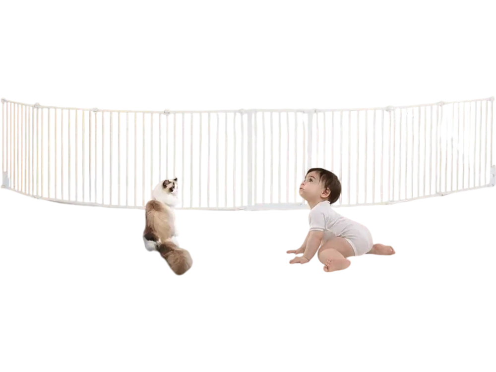 VEVOR Baby Gate, 192 Inches Extra Wide, 28 Inches High 8-Panel Foldable Dog Gate, for Child Pet Security, One-Hand Open, Install Between Two Walls or As a Fence, for Stairs and Doorways, White