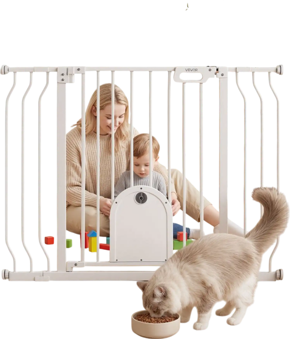 VEVOR Baby Gate for Stairs, 29.5-43 in Adjustable Width, Baby Gate with Adjustable Cat Door, with Pressure Mount Kit and Wall Mount Kit, Secure Metal Pet Door for Stairs, Doorways, and House, White