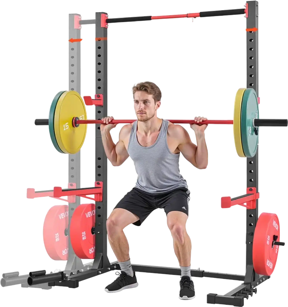 VEVOR Power Cage Rack, Multifunctional Squat Rack for Home Gym, Width-Adjustable Workout Strength Training Equipment with 6 Band Pegs, Landmine Attachment & Safety Bars for Bench Press Squats Pull-Up