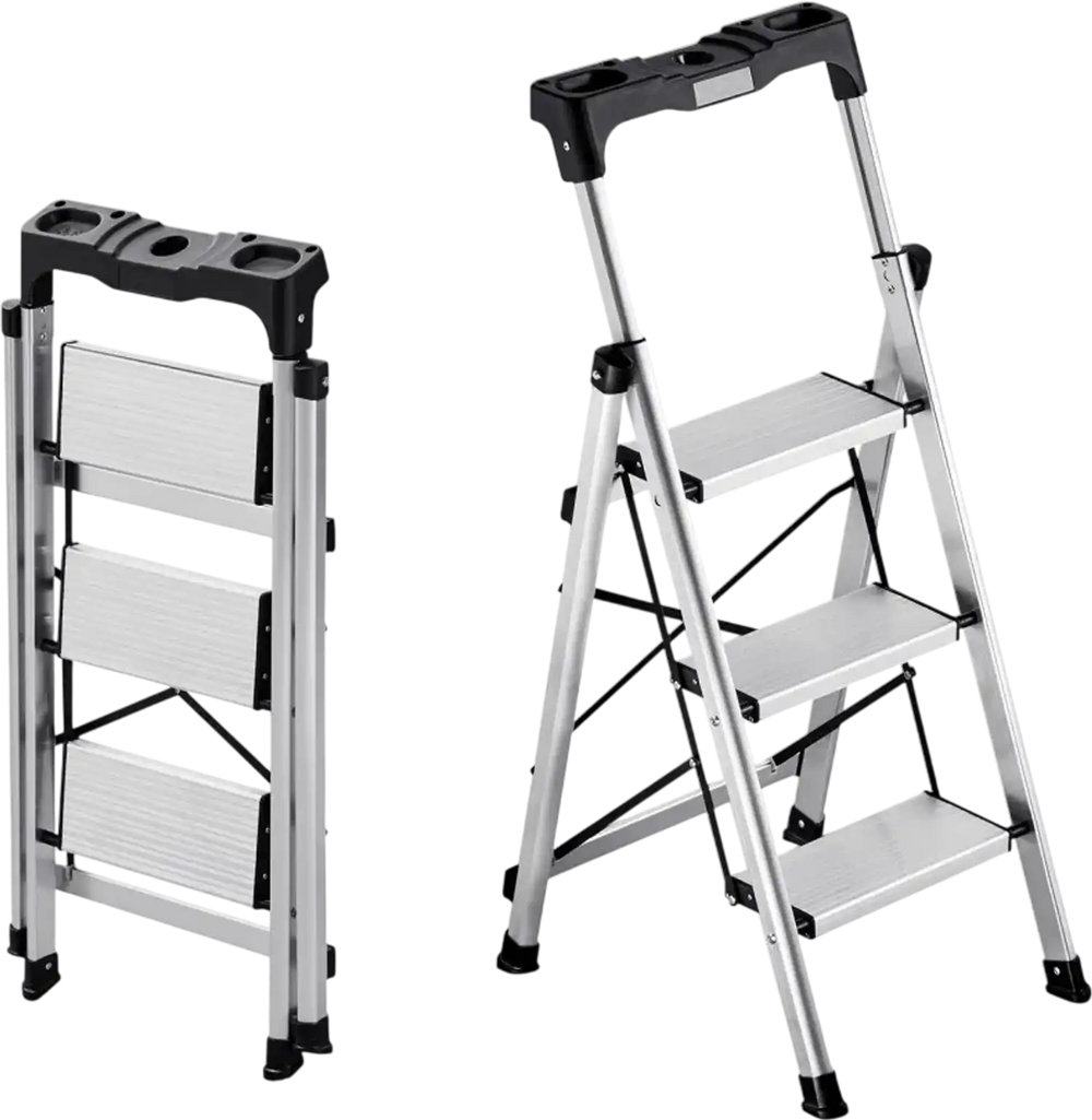 VEVOR 3 Step Ladder, Folding Step Stool with Wide Anti-Slip Pedal and Comfort Handgrip, 330 lbs Capacity Portable Aluminum Stepladder, Multi-Use for Kitchen, Warehouse, Household and Office, Silver