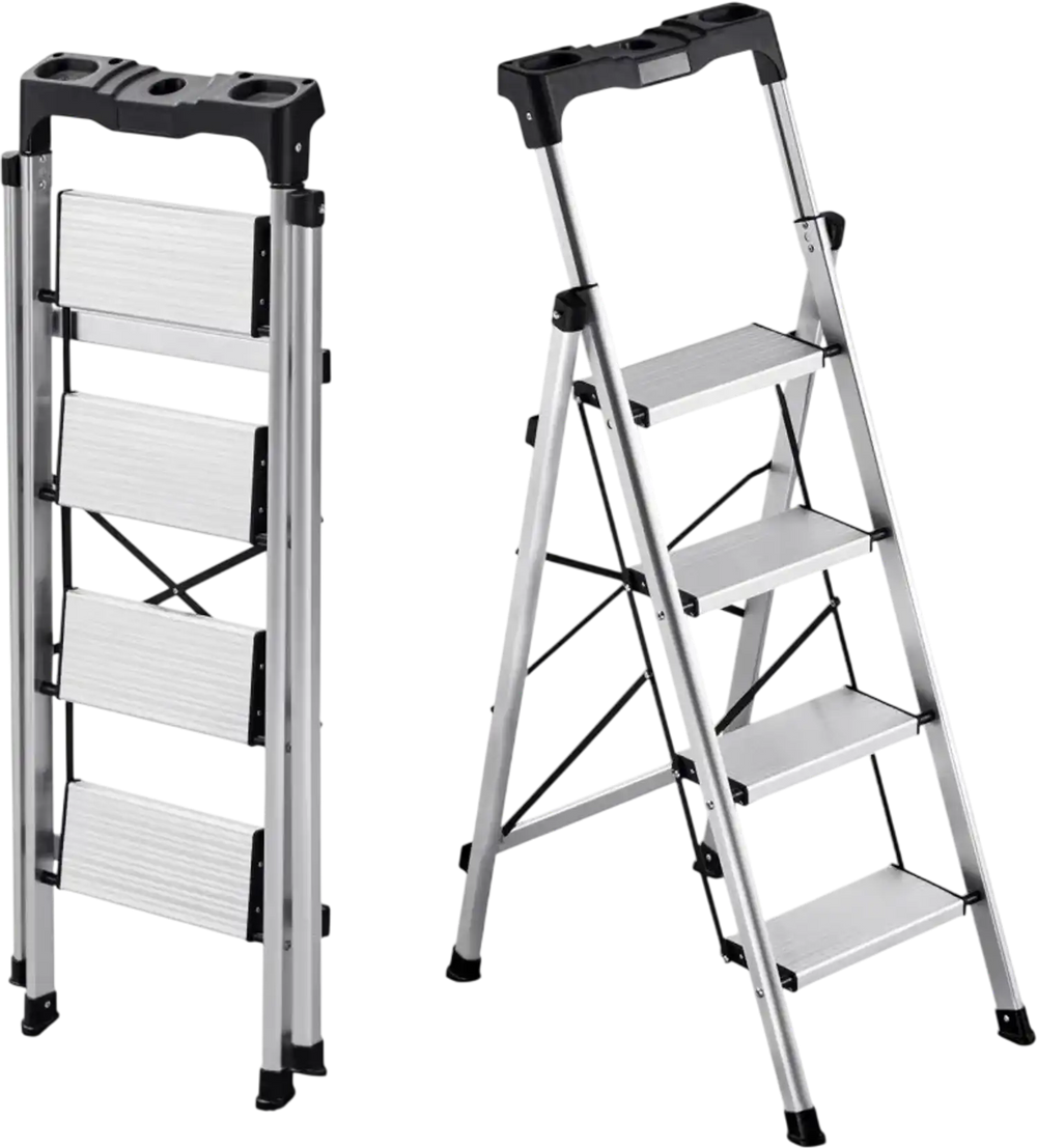 VEVOR 4 Step Ladder, Folding Step Stool with Wide Anti-Slip Pedal and Comfort Handgrip, 330 lbs Capacity Portable Aluminum Stepladder, Multi-Use for Kitchen, Home, Warehouse and Office, Silver