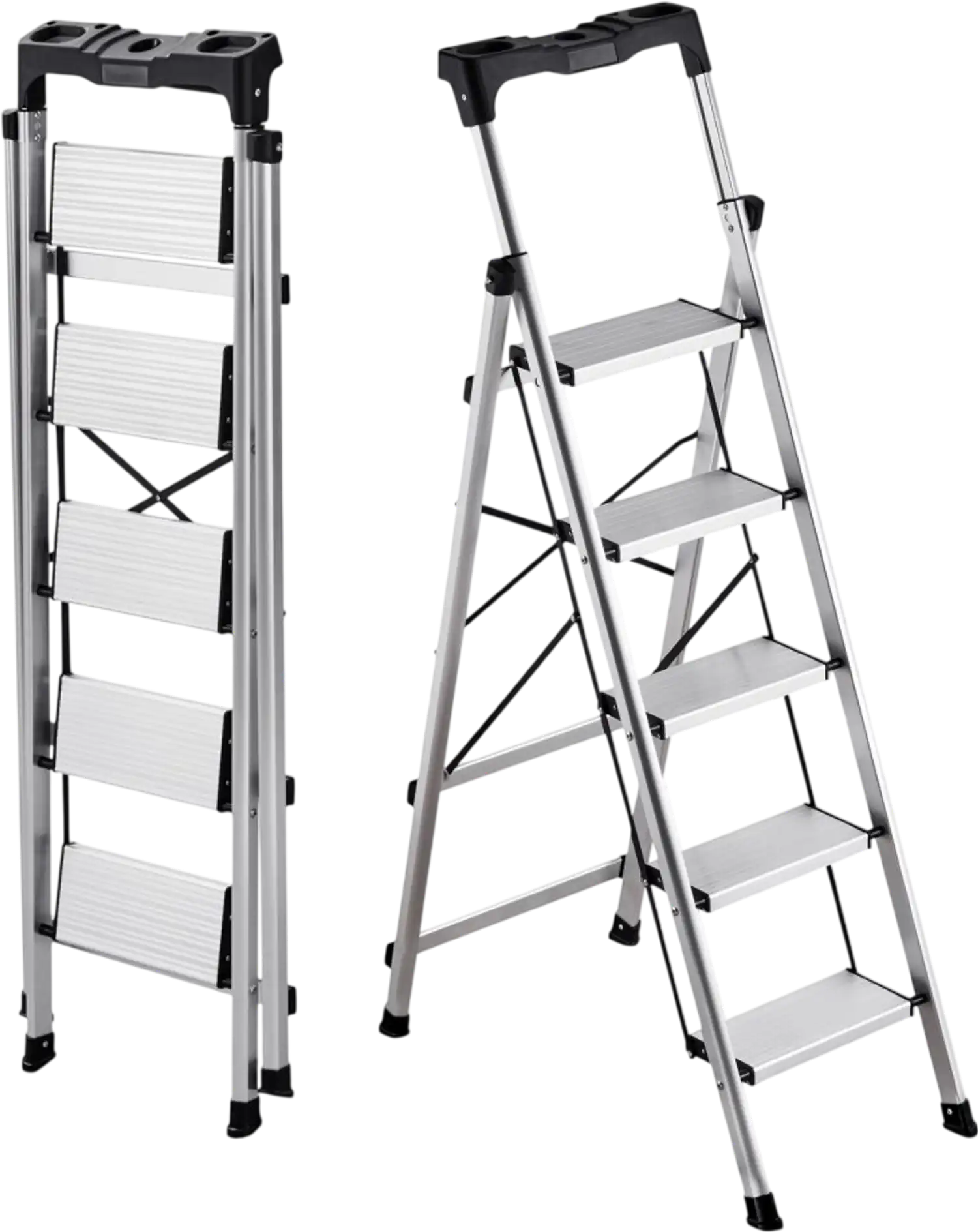 Vevor Step Ladder 5-Step Folding Aluminum Stepladder with Tool Tray and Handgrip 330 lbs Silver New