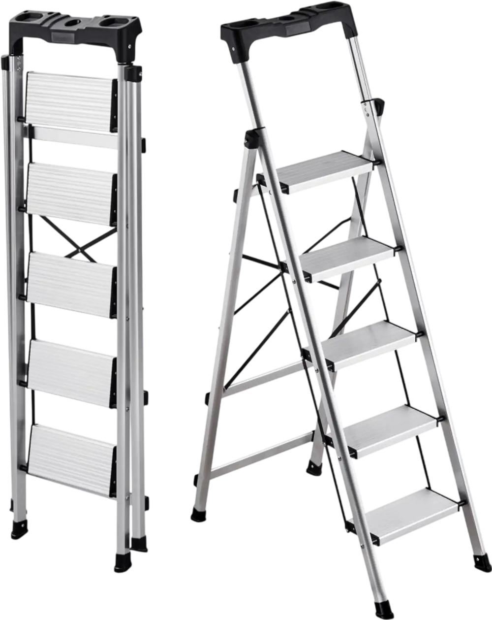 VEVOR 5 Step Ladder, Folding Step Stool with Wide Anti-Slip Pedal and Comfort Handgrip, 330 lbs Capacity Portable Aluminum Stepladder, Multi-Use for Kitchen, Warehouse, Household and Office, Silver