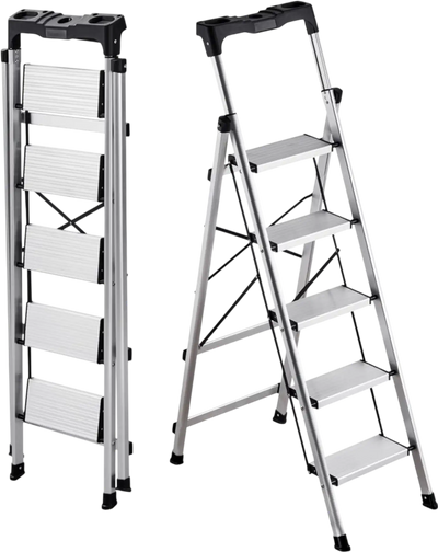 VEVOR 5 Step Ladder, Folding Step Stool with Wide Anti-Slip Pedal and Comfort Handgrip, 330 lbs Capacity Portable Aluminum Stepladder, Multi-Use for Kitchen, Warehouse, Household and Office, Silver