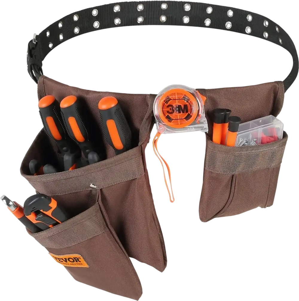 VEVOR Tool Belt, Adjusts from 29 Inches to 54 Inches, Polyester Heavy Duty Tool Pouch Bag, Detachable Tool Bag for Electrician, Carpenter, Handyman, Woodworker, Construction, Framer, Brown