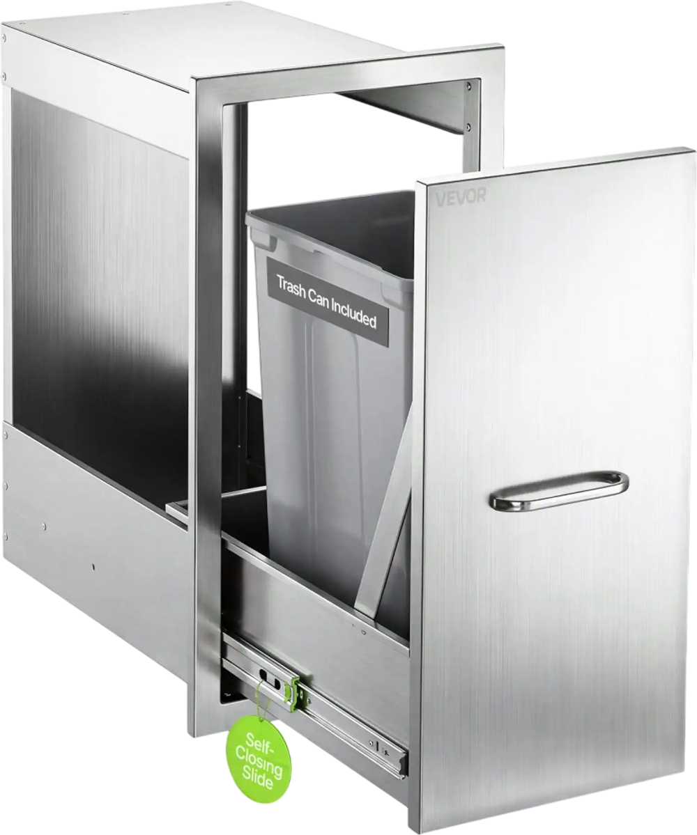 VEVOR Outdoor Kitchen Trash Drawer, 19"W x 25"H x 14"D, Waste Bin Included, for BBQ Island Storage, Patio Bars and Grill Station, with Handle, Built-In BBQ Island Drawers Organize Cookware Accessories