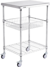 VEVOR Kitchen Utility Cart, 3 Tiers, Wire Rolling Cart with 470LBS Capacity, Steel Service Cart on Wheels, Metal Storage Trolley with 76mm Basket Curved Handle PP Liner 6 Hooks, for Indoor and Outdoor