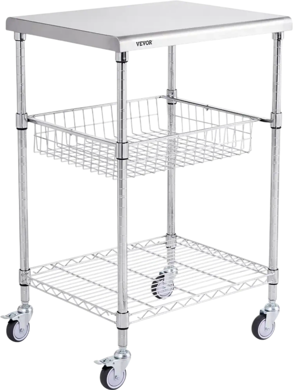 VEVOR Kitchen Utility Cart, 3 Tiers, Wire Rolling Cart with 470LBS Capacity, Steel Service Cart on Wheels, Metal Storage Trolley with 76mm Basket Curved Handle PP Liner 6 Hooks, for Indoor and Outdoor