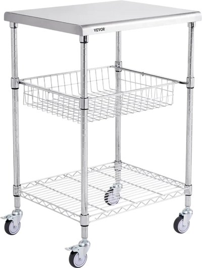 VEVOR Kitchen Utility Cart, 3 Tiers, Wire Rolling Cart with 470LBS Capacity, Steel Service Cart on Wheels, Metal Storage Trolley with 76mm Basket Curved Handle PP Liner 6 Hooks, for Indoor and Outdoor