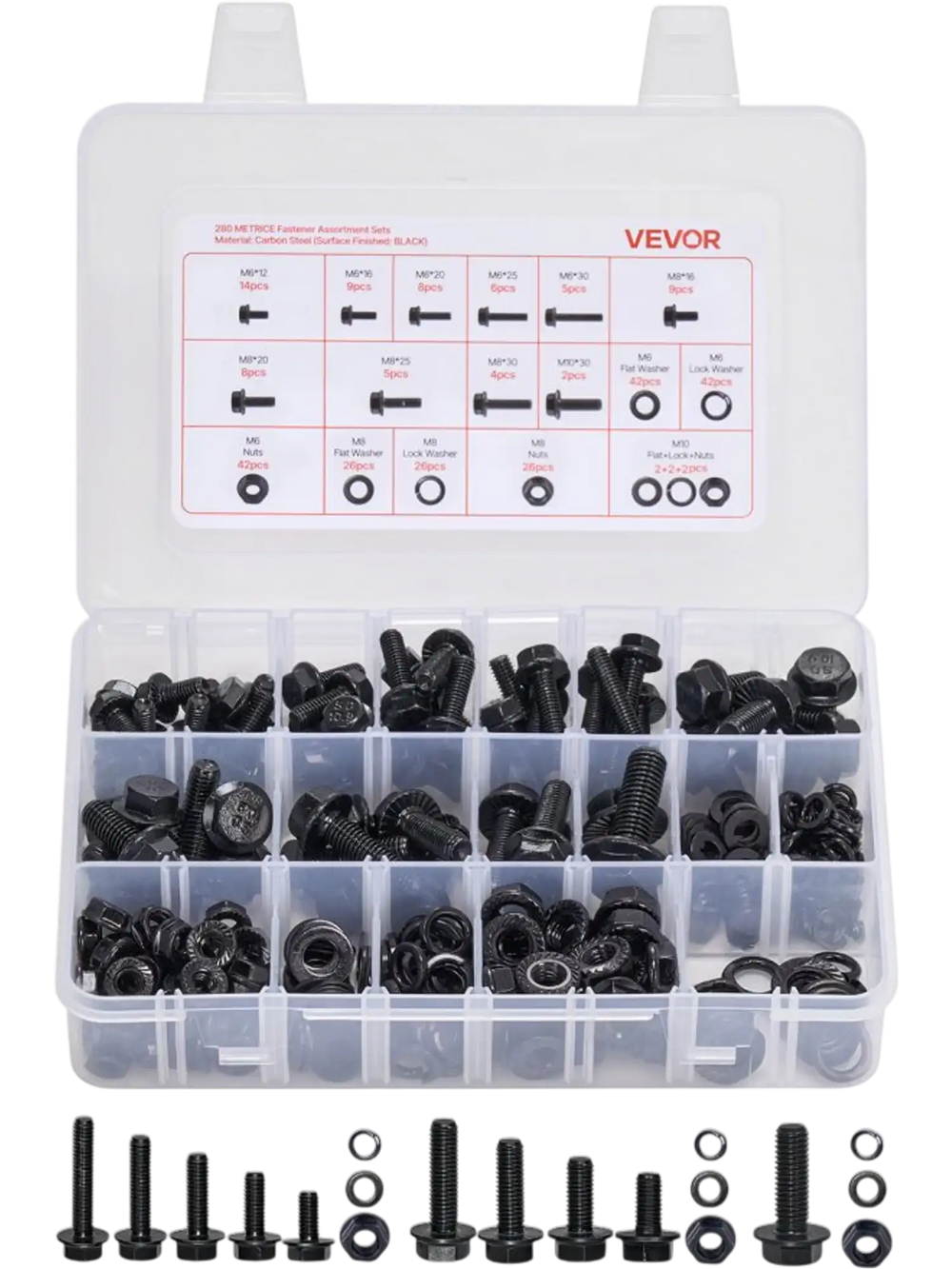 VEVOR 280 Pcs Bolts and Nuts Assortment Kit, Metric Machine Screws and Flat Washers, Alloy Steel M6/M8/M10 Multiple Size, for Furniture / Equipment Assembly, Vehicle Grade 10.9 Black, with Case