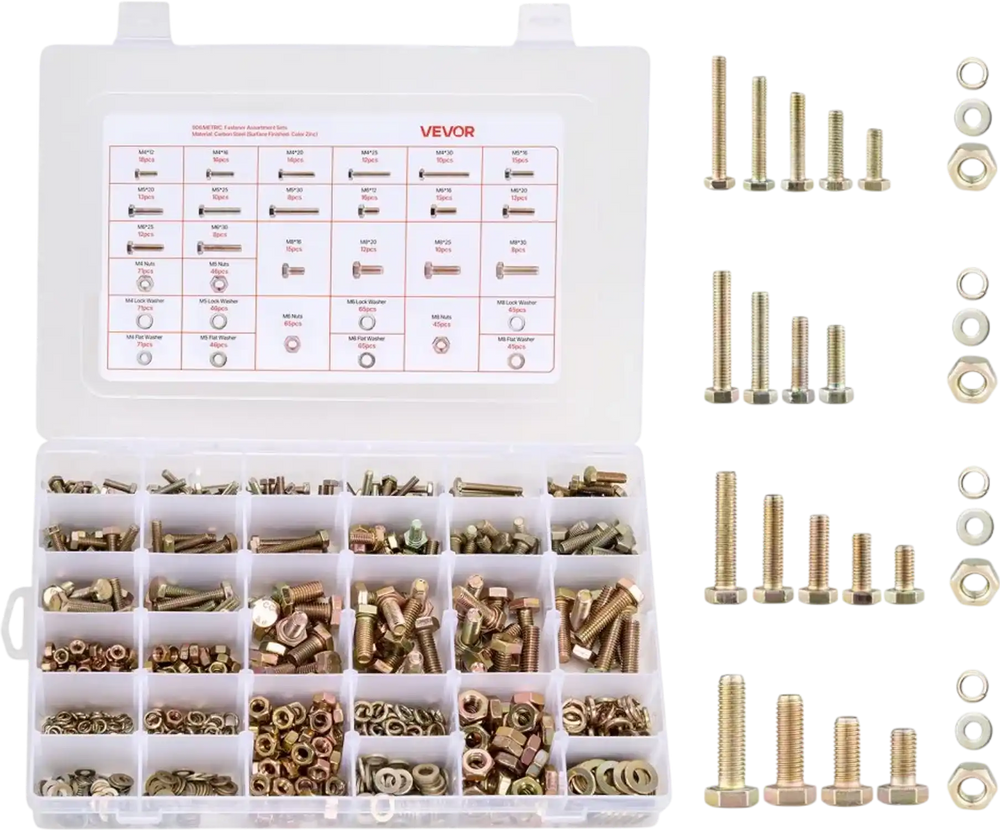 VEVOR 906 Pcs Bolts and Nuts Assortment Kit, Metric Machine Screws and Flat Washers, Alloy Steel M4/M5/M6/M8 Multiple Size, for Equipment Assembly, Vehicle Grade 8.8 Gold-Plated Galvanized