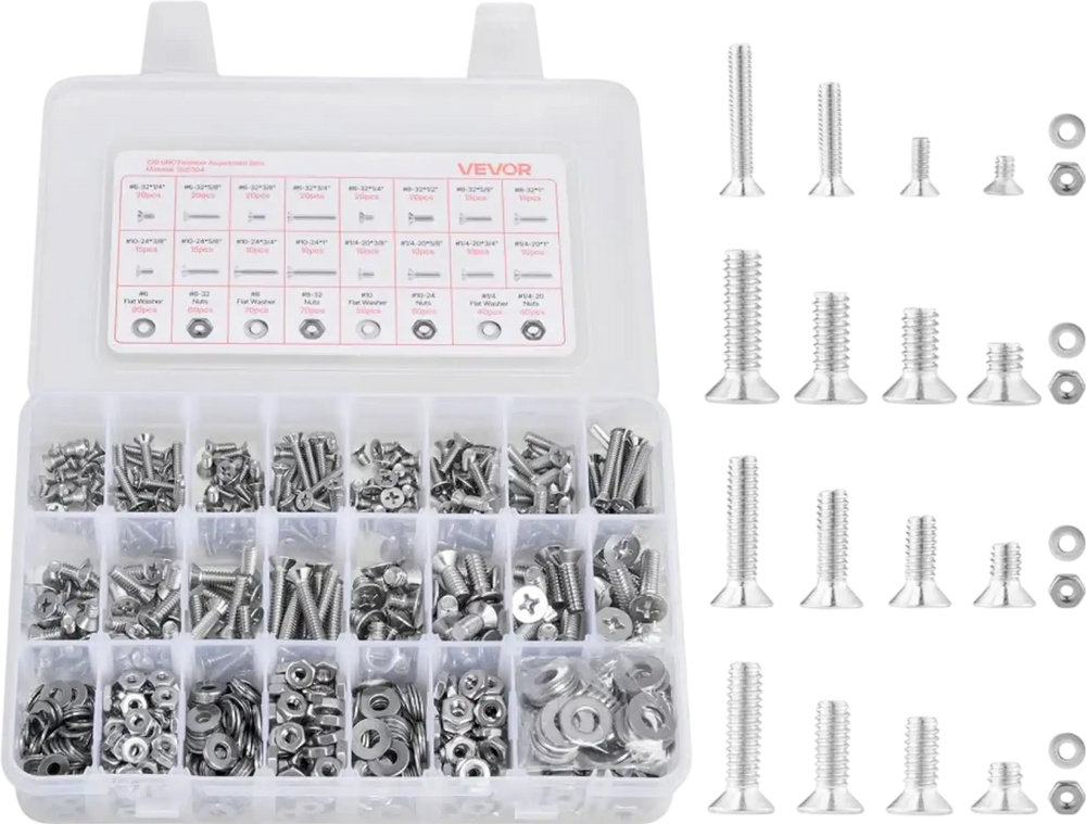 VEVOR 720 Pcs Bolts and Nuts Assortment Kit, Imperial Machine Screws and Flat Washers, Stainless Steel 6-32,8-32,10-24,1/4-20, for Furniture /Equipment/Vehicle Assembly, Silver