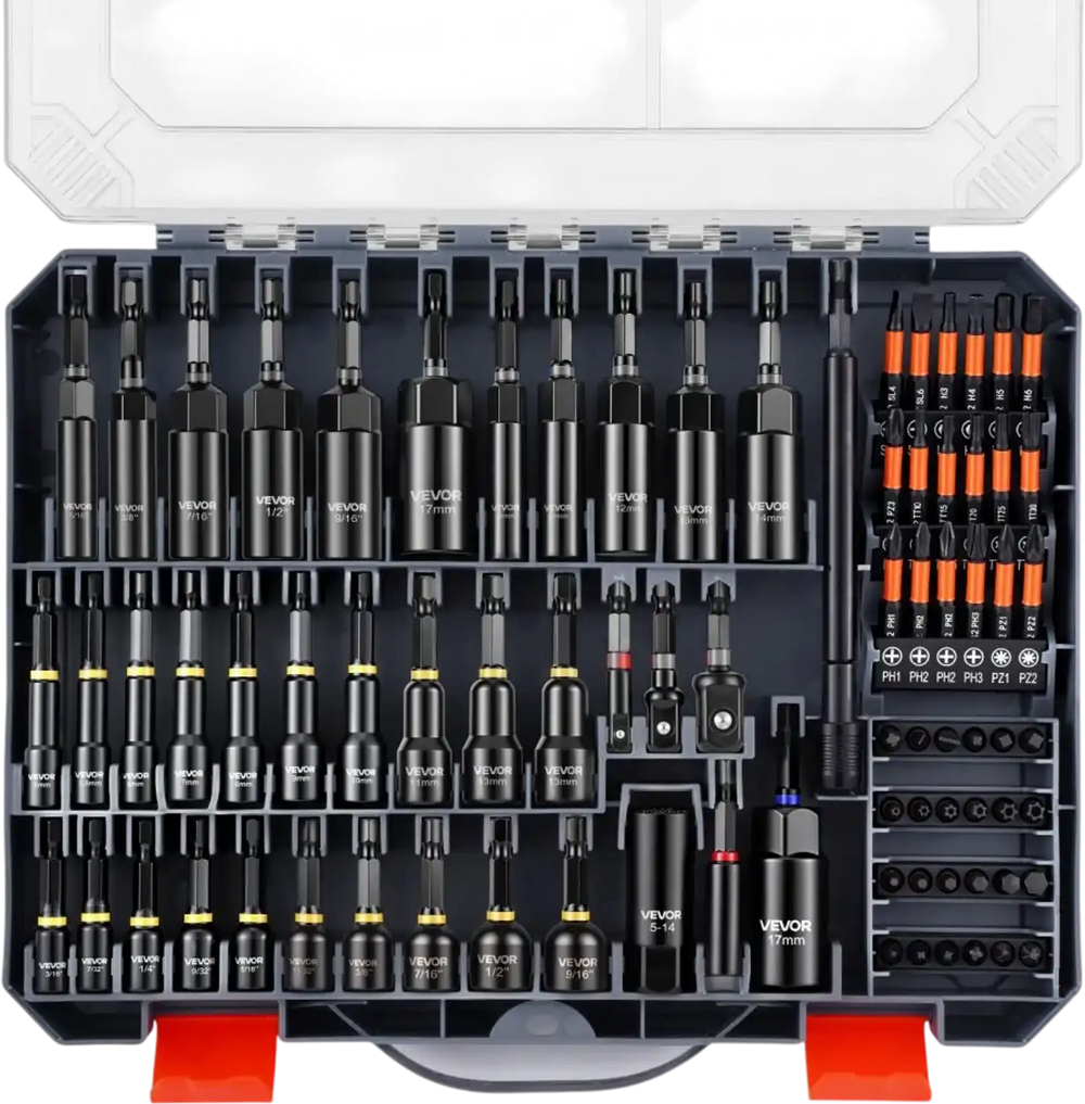 VEVOR 80-Piece Premium Magnetic Impact Nut Driver Set, Metric & SAE Sizes, with Socket Adapters, Bit Holder, Wing Nut Driver, Universal Sockets, Quick Release Extension, Power Bits, Storage Box