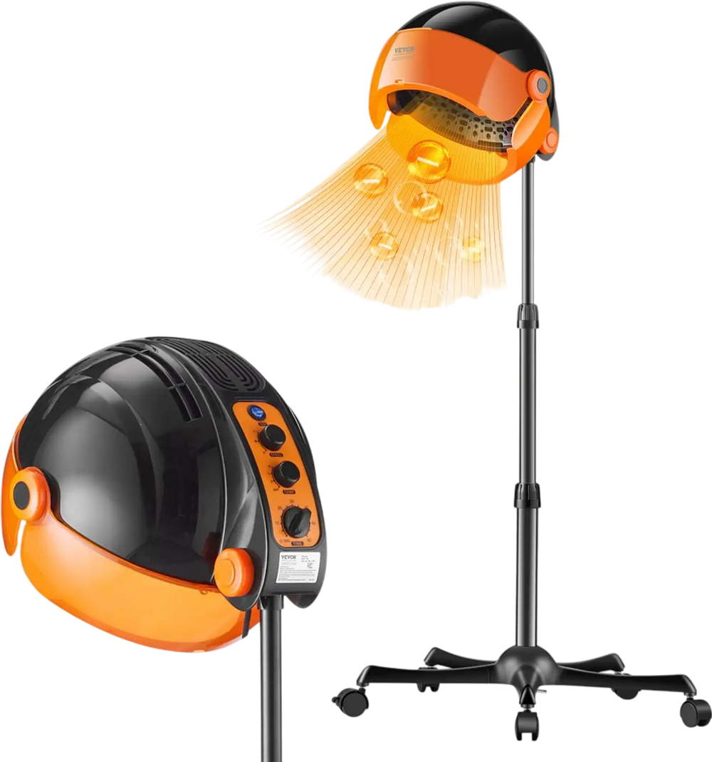 VEVOR Ionic Hood Dryer, 1875W Pro Bonnet Hair Dryer, Timer, 3 Temperature Levels & Adjustable Speed, Mobile Floor Stand with Wheels for Salon & Home Spa