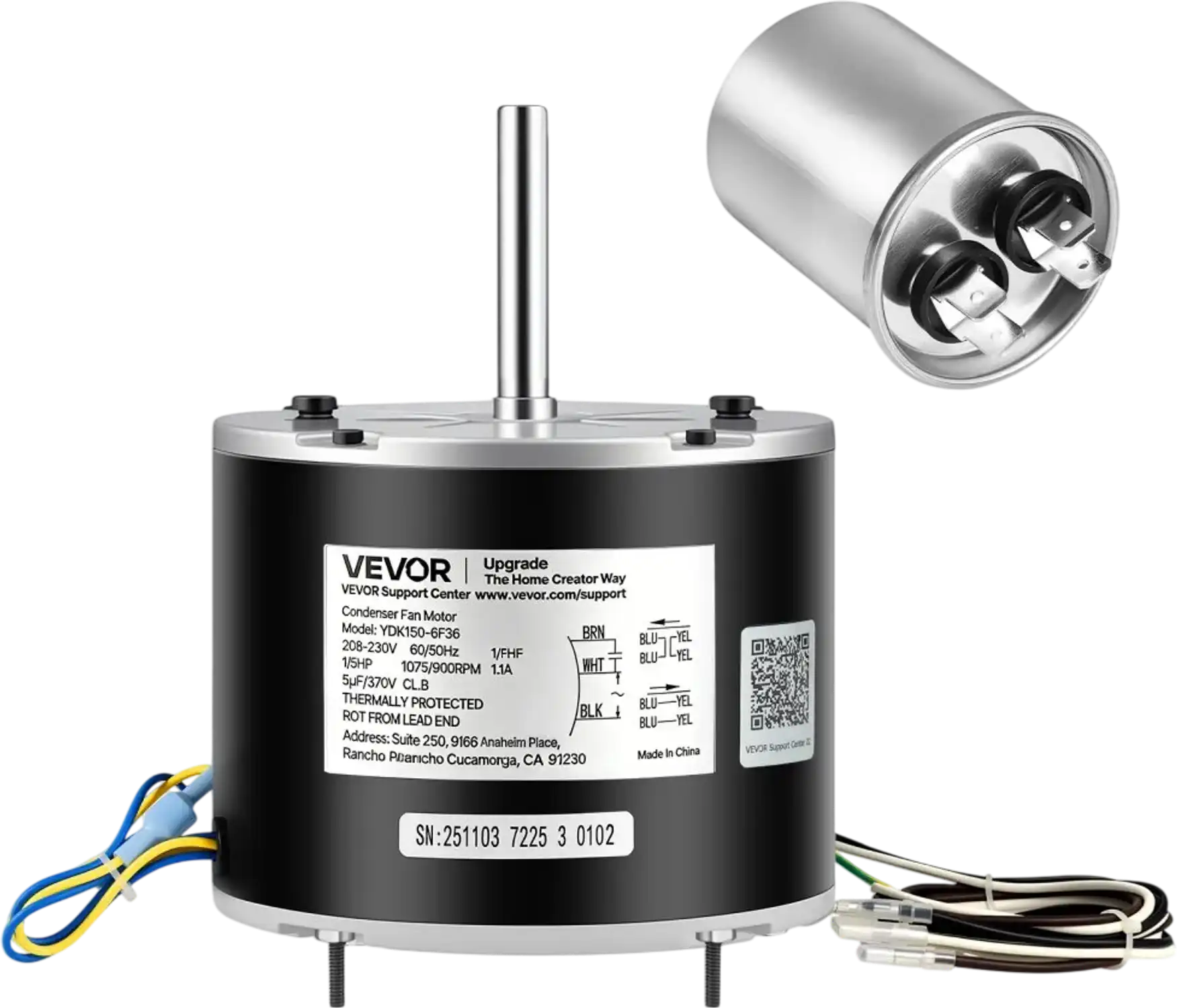 Vevor Condenser Fan Motor with Capacitor 1/5 HP 1075/900 RPM 208-230V New