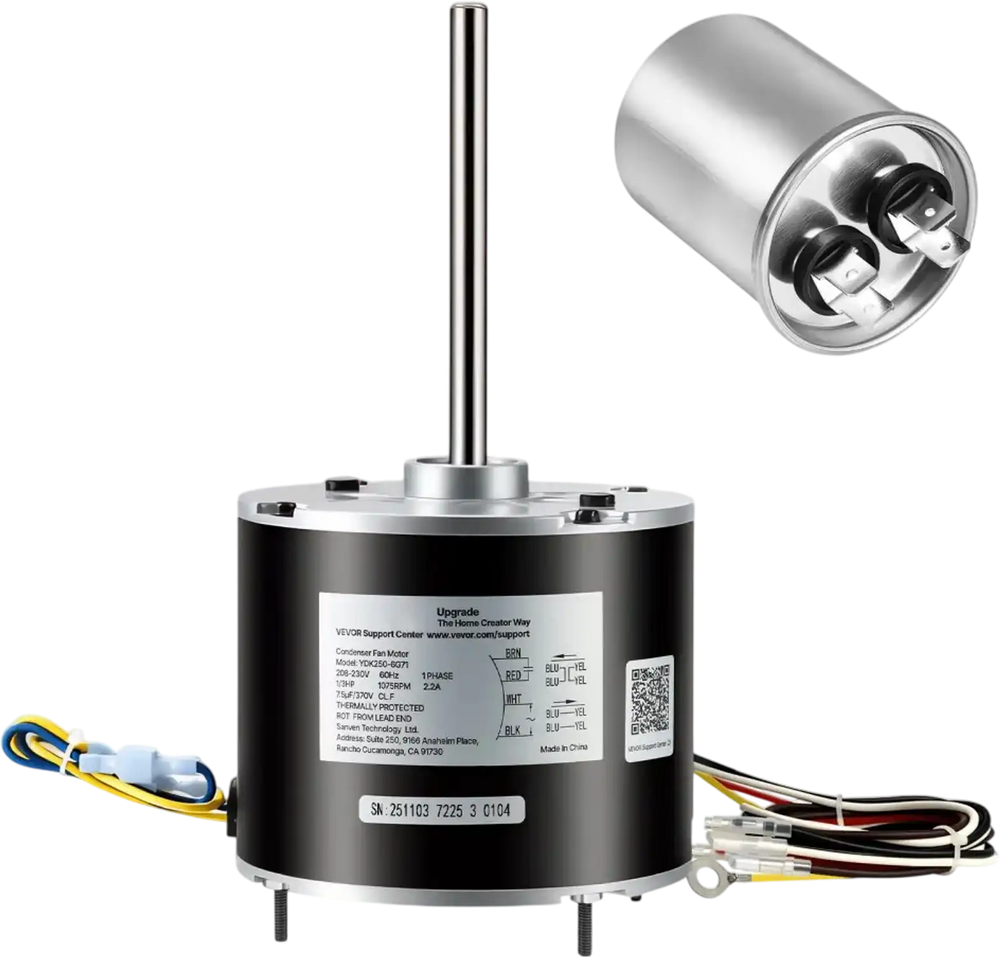 VEVOR Condenser Fan Motor with Capacitor, 1/3HP 1075RPM 208-230V, Compatible with GE Genteq K55HXGDD-81195 5KCP39GGY209AS, Fasco D925 D7908, Dayton EM3729F, Century FSE1036SV1, Rheem Ruud 51-100998-05