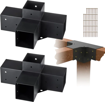 VEVOR Pergola Bracket Kit 4''x4''(Inner Size 3.6x3.6), 2pcs 4-Way Heavy Duty Corner Bracket Woodworks DIY Post Base Kit, Easy Installation Wooden Beams for Gazebos, Patio Pergolas, Log Cabin Outdoor