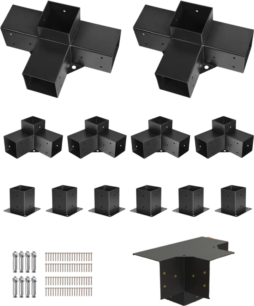 VEVOR Pergola Kit, 4x4 Inch Pergola Brackets for 3.5x3.5 Inch Wood Beams in Actual Dimension, 3-Way (4 Pcs) and 4-Way (2 Pcs) Gazebo Brackets with 6 Post Bases, for Outdoor Pergolas, Gazebos, Sheds