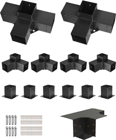 VEVOR Pergola Kit, 4x4 Inch Pergola Brackets for 3.5x3.5 Inch Wood Beams in Actual Dimension, 3-Way (4 Pcs) and 4-Way (2 Pcs) Gazebo Brackets with 6 Post Bases, for Outdoor Pergolas, Gazebos, Sheds
