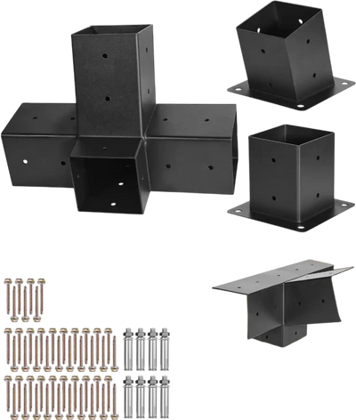 VEVOR Pergola Kit, 4x4 Inch 4-Way Slanted Bracket for 3.5x3.5 Inch Wood Beams in Actual Size, Carbon Steel Pergola Bracket with Post Base and Wall Mount Base, for Outdoor Pergolas, Gazebos, Sheds