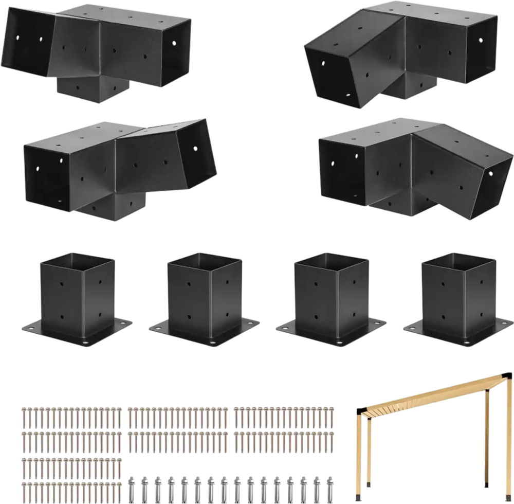 VEVOR Pergola Kit, 4x4 Inch 3-Way Slanted Bracket for 3.5x3.5 Inch Wood Beams in Actual Size, Carbon Steel Pergola Bracket with Screws and Post Bases, for Outdoor Wood Pergolas, Gazebos, Sheds, 8 Pcs
