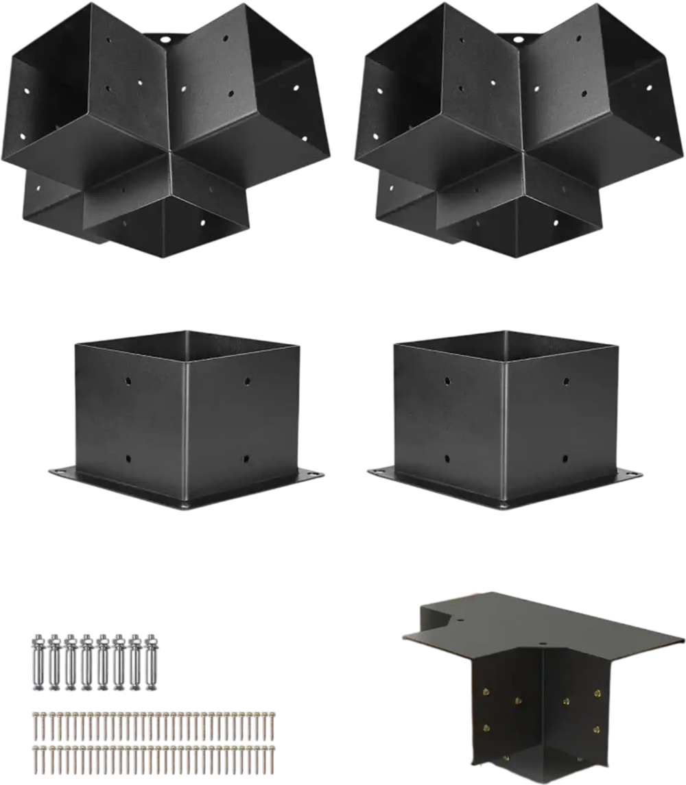 VEVOR Pergola Bracket Kit, 6x6 Inch (Inner Size 5.5x5.5), 2 Pcs 4-Way Heavy Duty Corner Bracket Woodworks DIY Post Base Kit, Easy Installation Wooden Beams for Gazebos, Patio Pergolas, Log Cabin