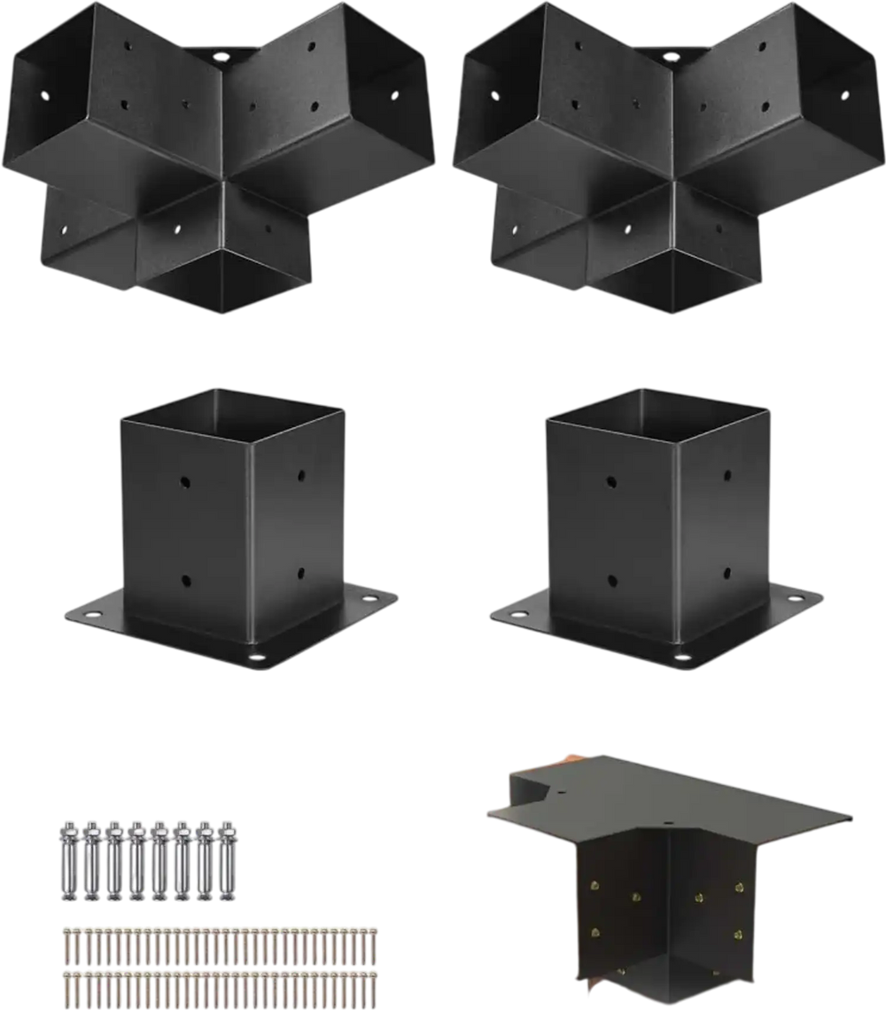 VEVOR Pergola Bracket Kit 4''x4''(Inner Size 3.6x3.6), 4pcs 4-Way Heavy Duty Corner Bracket Woodworks DIY Post Base Kit, Easy Installation Wooden Beams for Gazebos, Patio Pergolas, Log Cabin Outdoor