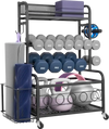 VEVOR Yoga Mat Storage Rack, Home Gym Workout Equipment Organizer, Powder Coated Finish Steel Yoga Mat Holder with Hooks & Wheels, Weight Rack for Dumbbell, Kettlebell, Foam Roller, and Yoga Strap