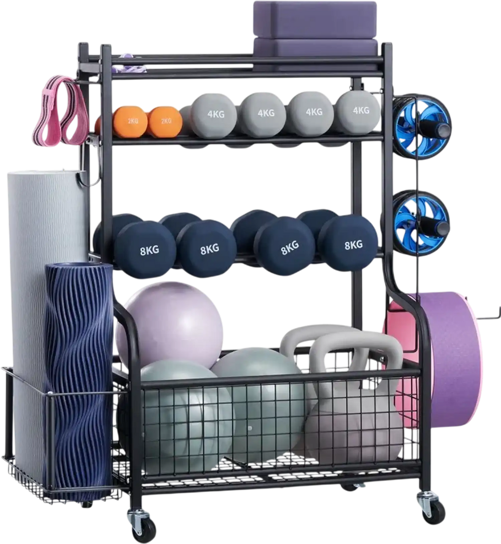 VEVOR Yoga Mat Storage Rack, Powder Coated Finish Steel Yoga Mat Holder, Home Gym Workout Equipment Organizer with Hooks & Wheels, Weight Rack for Foam Roller, Dumbbell, Kettlebell, and Yoga Strap