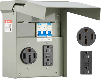 VEVOR Temporary Power Outlet Panel, 20 50 Amp, RV EV Electrical Outlet Panel with NEMA 50 Amp GFCI 20 Amp Receptacle Installed, Pre-Wired IP54 Weatherproof Box, for RV Camper Car Travel Motorhome