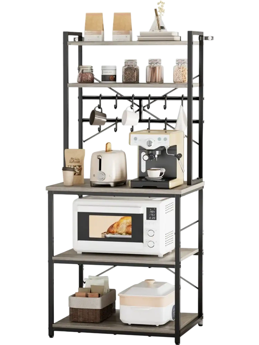 VEVOR Kitchen Bakers Rack, 23.6 inch Width Bakers Rack, Kitchen Stand with X-Shaped Support Bar, 12 S-Shaped Hooks, Double-Layer Top Shelf, Coffee Bar Stand for Dishes & Bowls, Spice Bottles