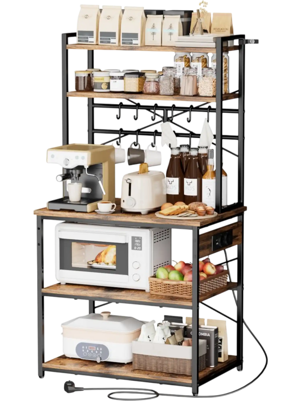 VEVOR Kitchen Bakers Rack, 5 ft Power Cable Bakers Rack with Power Outlet, Kitchen Stand with X-Shaped Support Bar, 12 S-Shaped Hooks, Coffee Bar Stand for Dishes, Spice Bottles, Built-In Power Strip