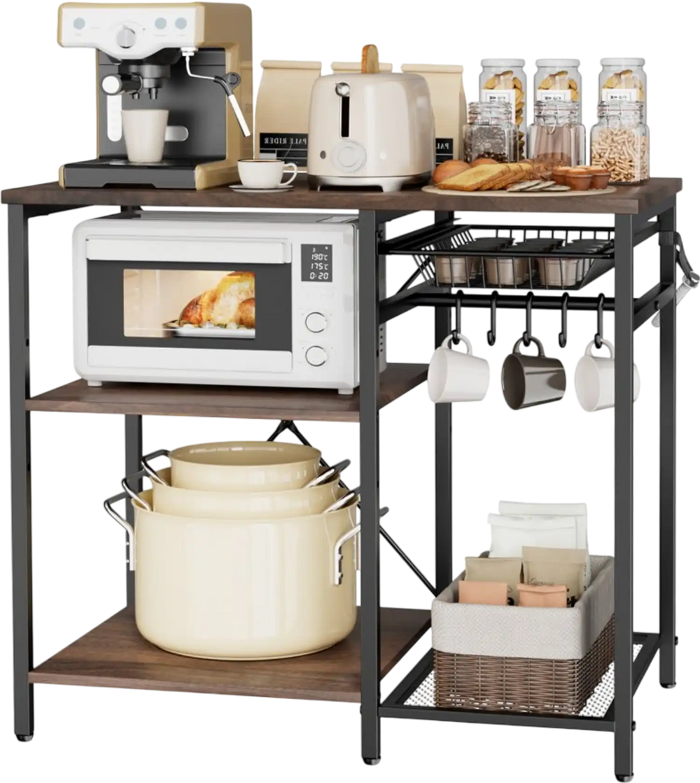 VEVOR Kitchen Bakers Rack, 35.4 inch Width Bakers Rack, Kitchen Stand with X-Shaped Support Bar, 5 S-Shaped Hooks, Multi-Layer Storage Shelf, Coffee Bar Stand for Dishes & Bowls, Spice Bottles