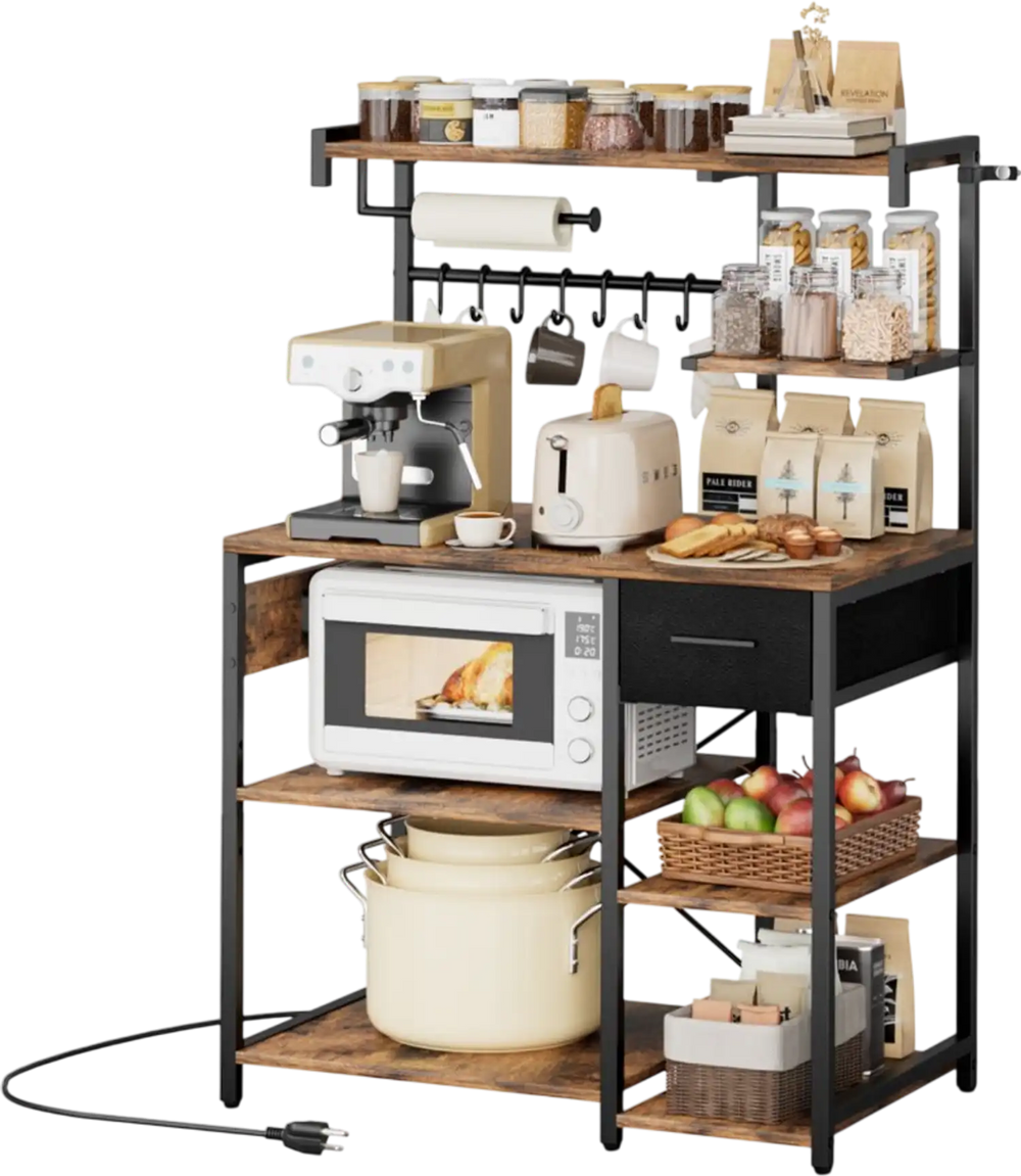 VEVOR Kitchen Bakers Rack, 4.6ft Power Cable Bakers Rack with Power Outlet, Kitchen Stand with X-Shaped Support Bar, 8 S-Shaped Hooks, Coffee Bar Stand for Dishes, Spice Bottles, Built-In Power Strip