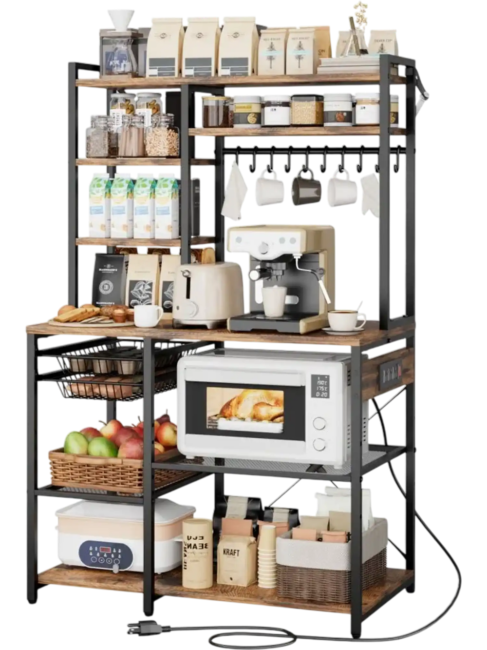 VEVOR Kitchen Bakers Rack, 5 ft Power Cable Bakers Rack with Power Outlet, Kitchen Stand with X-Shaped Support Bar, 10 S-Shaped Hooks, Coffee Bar Stand for Dishes, Spice Bottles, Built-In Power Strip