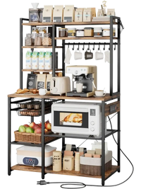 VEVOR Kitchen Bakers Rack, 5 ft Power Cable Bakers Rack with Power Outlet, Kitchen Stand with X-Shaped Support Bar, 10 S-Shaped Hooks, Coffee Bar Stand for Dishes, Spice Bottles, Built-In Power Strip
