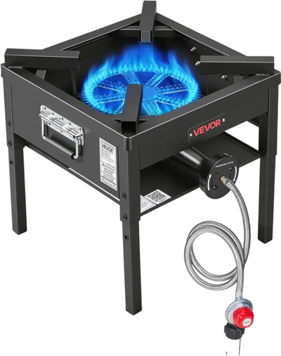 VEVOR Single Burner Outdoor Propane Gas Stove, 200,000 BTU Propane LPG Gas Camping Stove, Heavy Duty Carbon Steel Outdoor Cooker, with Shield & 20 PSI Regulator, for BBQ Camp Home Patio Seafood Boil