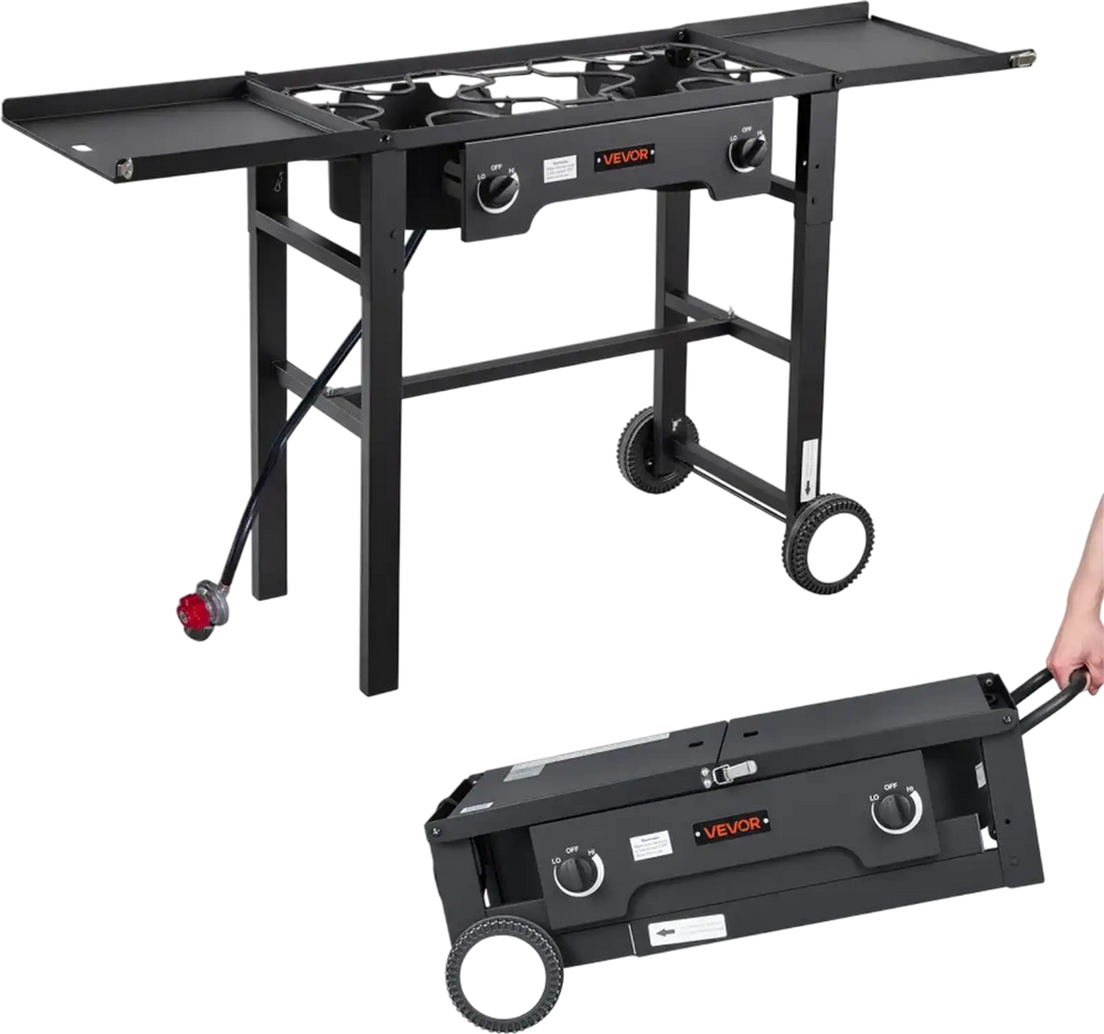 VEVOR 2 Burner Outdoor Propane Gas Stove, 150,000 BTU Propane LPG Gas Camping Stove, Foldable Heavy-duty Carbon Steel Outdoor Cooker, with Wheels & Shield & 20 PSI Regulator, for BBQ Camp Home Patio