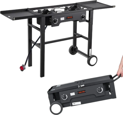 VEVOR 2 Burner Outdoor Propane Gas Stove, 150,000 BTU Propane LPG Gas Camping Stove, Foldable Heavy-duty Carbon Steel Outdoor Cooker, with Wheels & Shield & 20 PSI Regulator, for BBQ Camp Home Patio